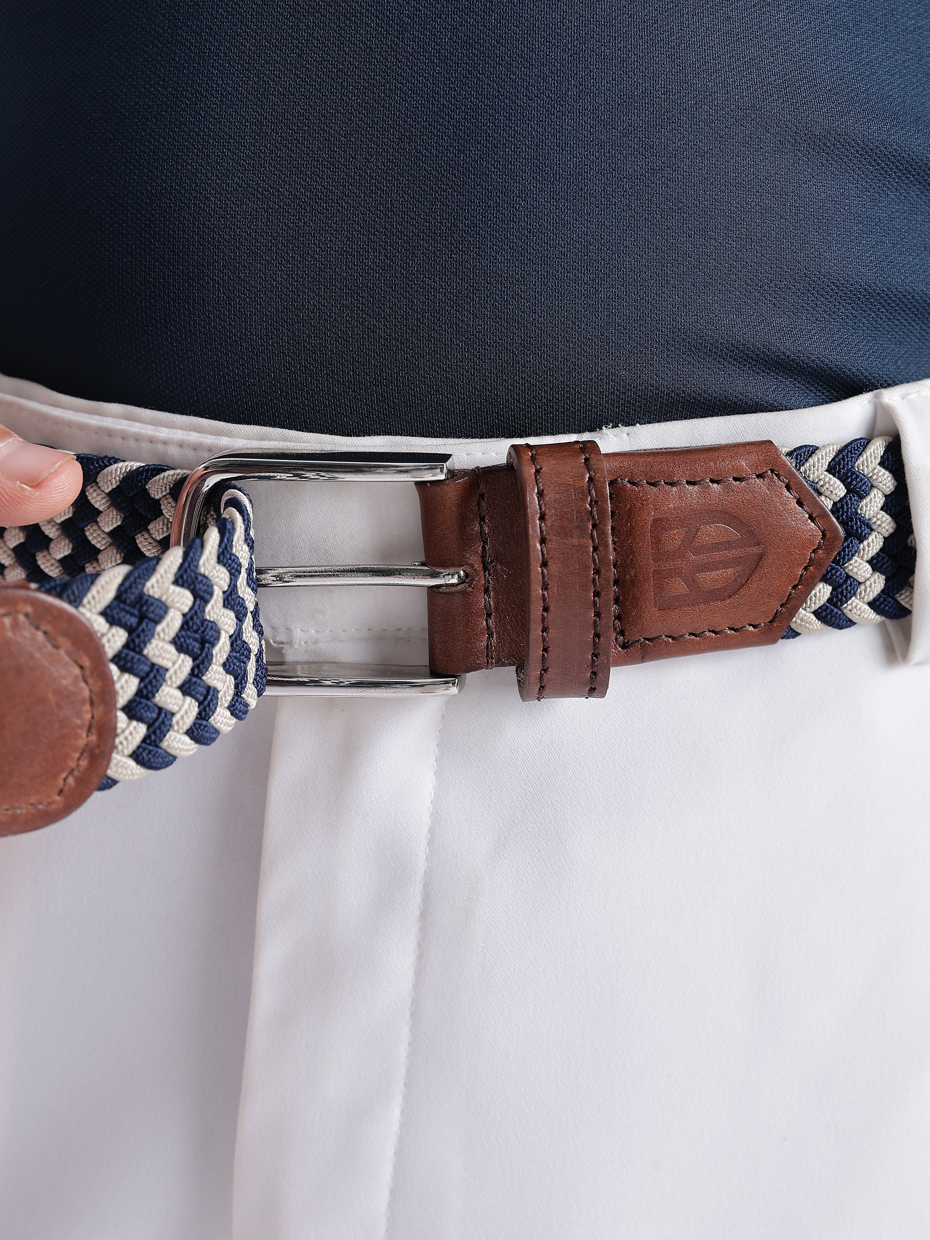 Golf Stretch Belt – Navy & White Chevron with Brown Leather Trim