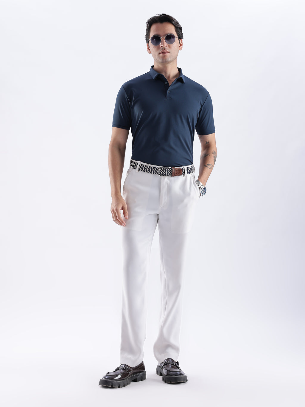 Golf Stretch Belt – Navy & White Chevron with Brown Leather Trim