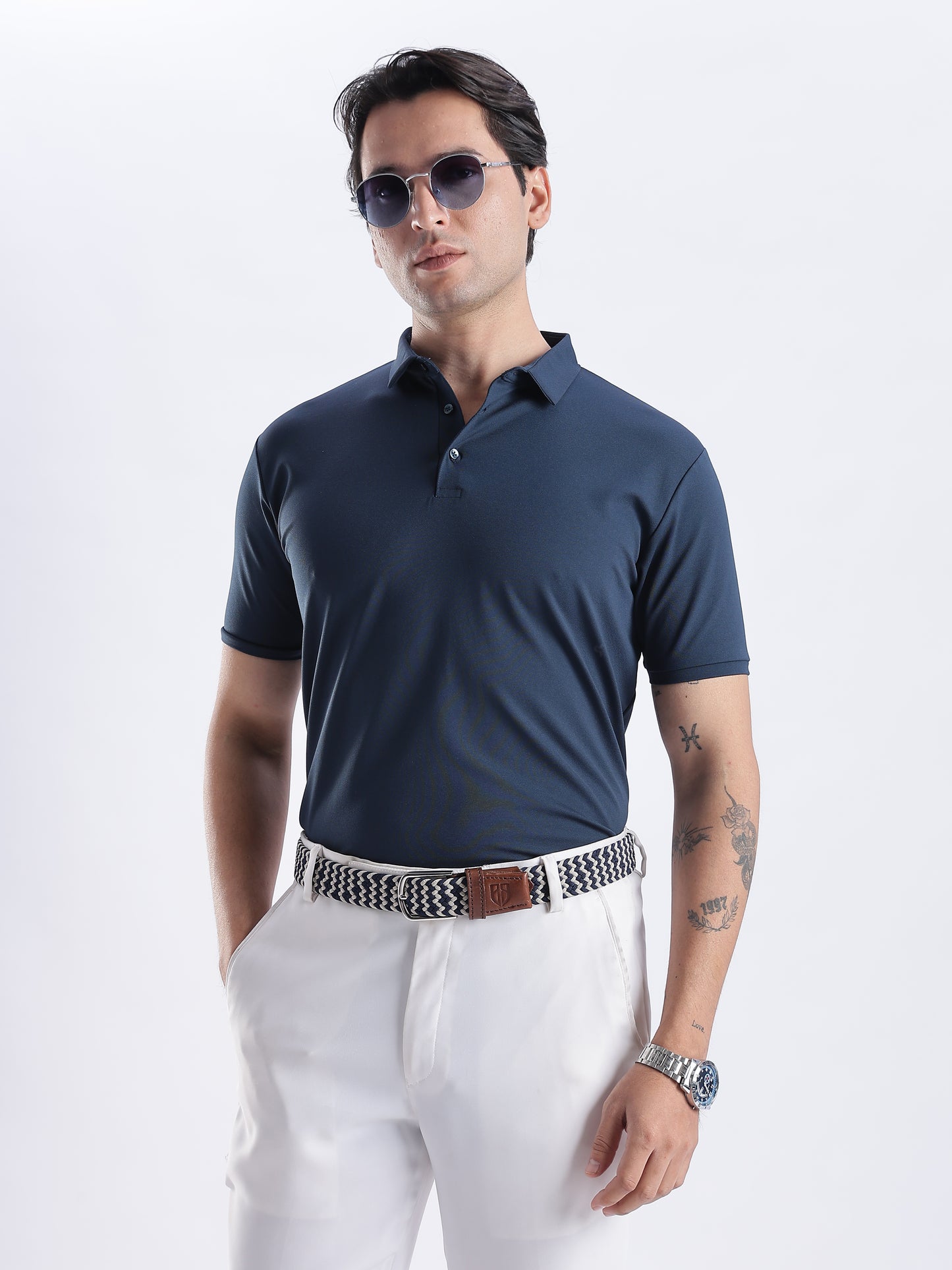 Unisex Grey and Navy Blue Woven Stretch Belt with Silver Buckle