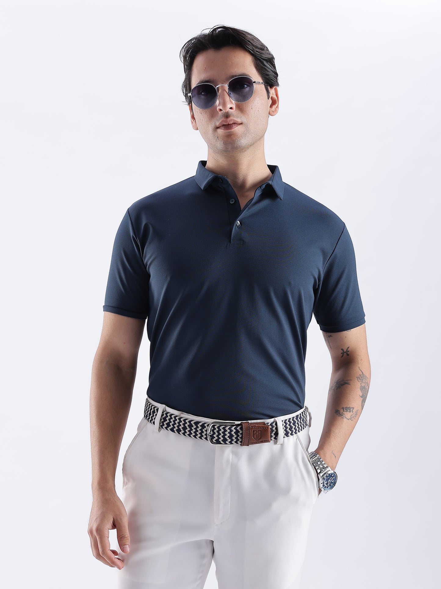 Unisex Grey and Navy Blue Woven Stretch Belt with Silver Buckle