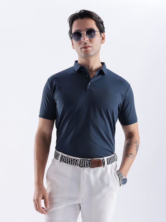 Unisex Grey and Navy Blue Woven Stretch Belt with Silver Buckle