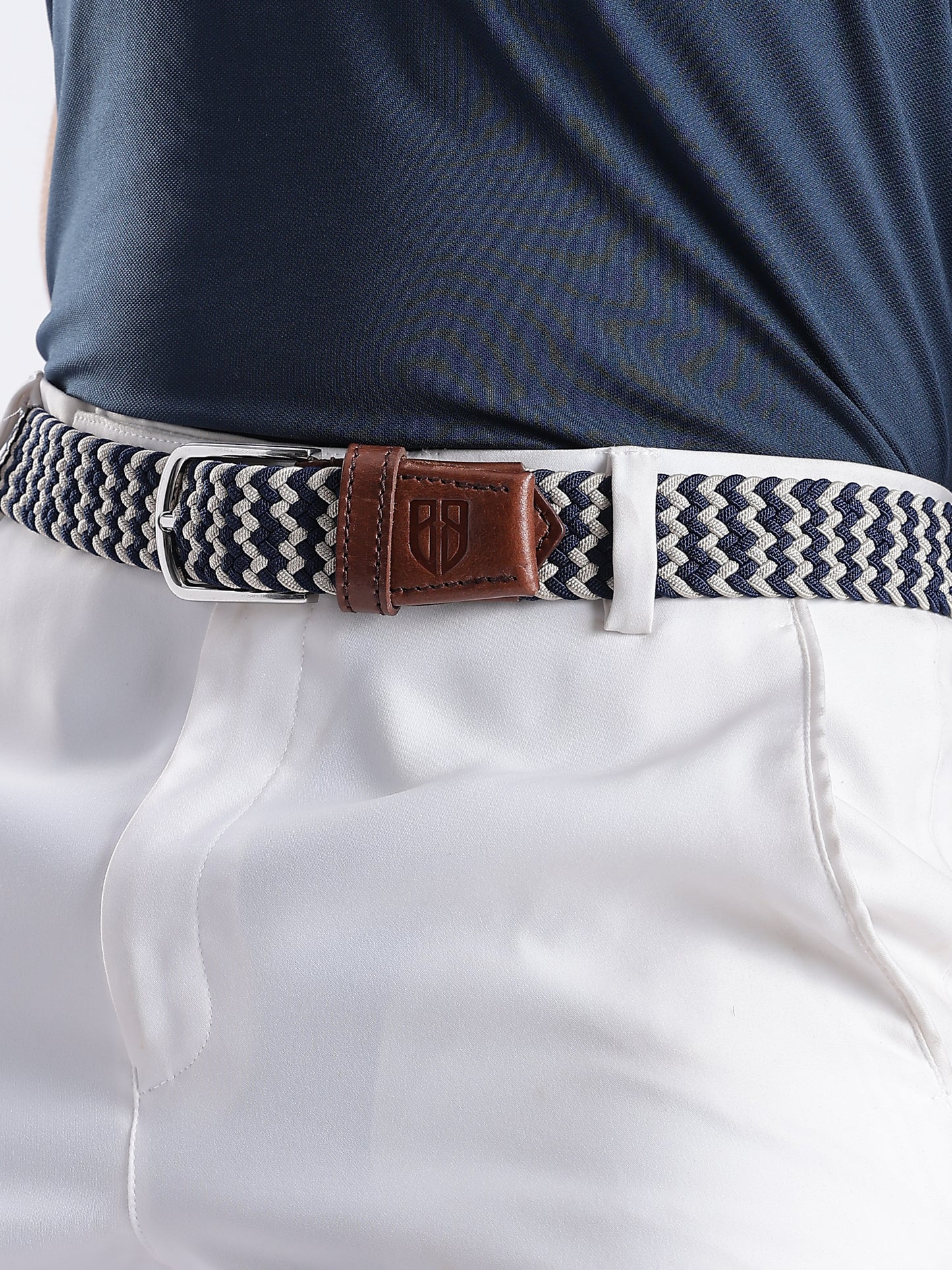 Unisex Grey and Navy Blue Woven Stretch Belt with Silver Buckle