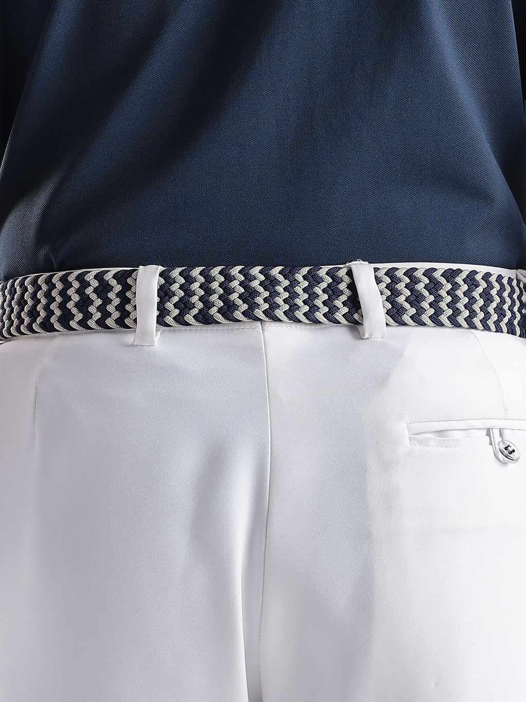Golf Stretch Belt – Navy & White Chevron with Brown Leather Trim