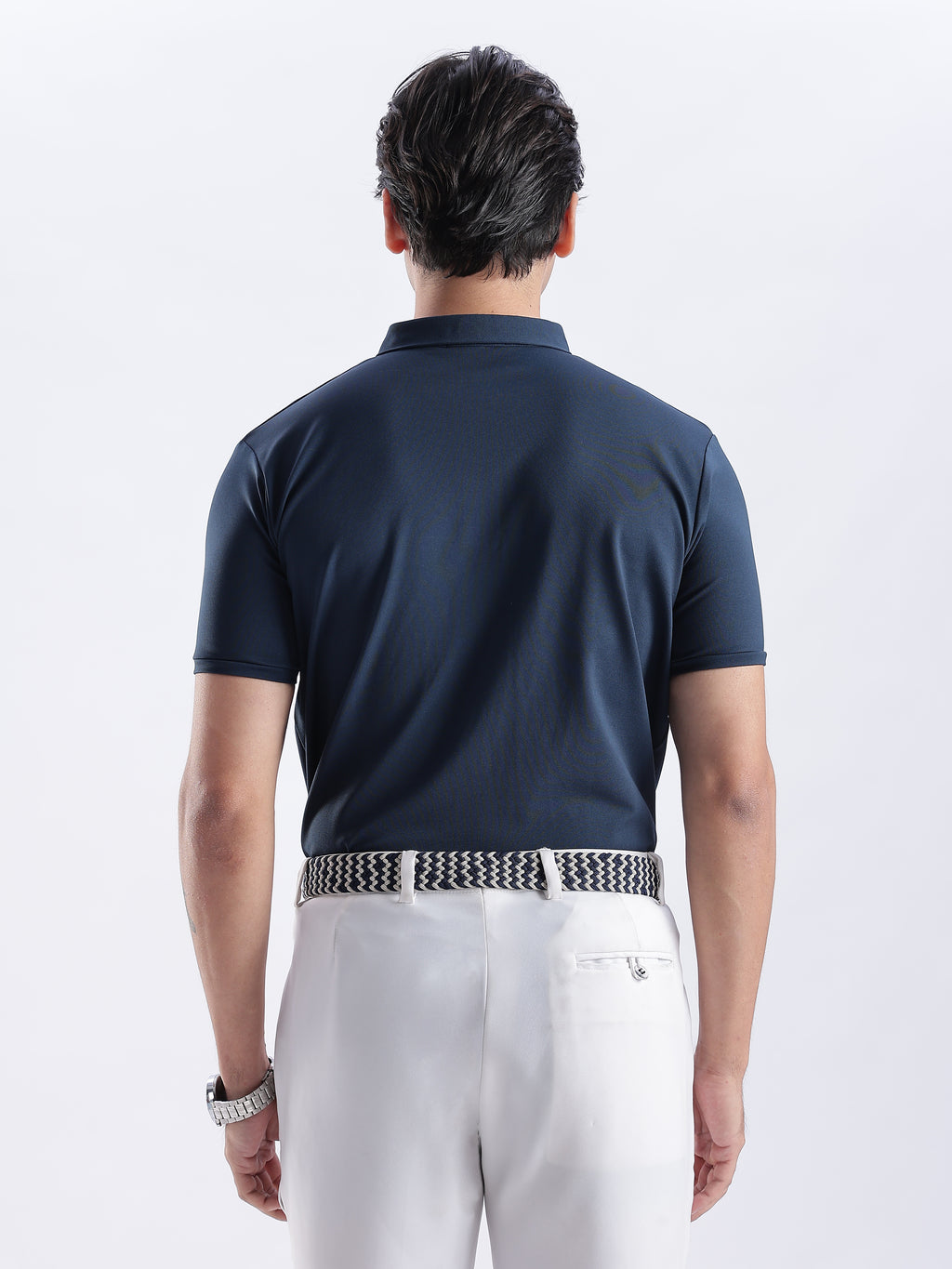 Golf Stretch Belt – Navy & White Chevron with Brown Leather Trim
