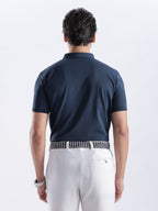 Golf Stretch Belt – Navy & White Chevron with Brown Leather Trim