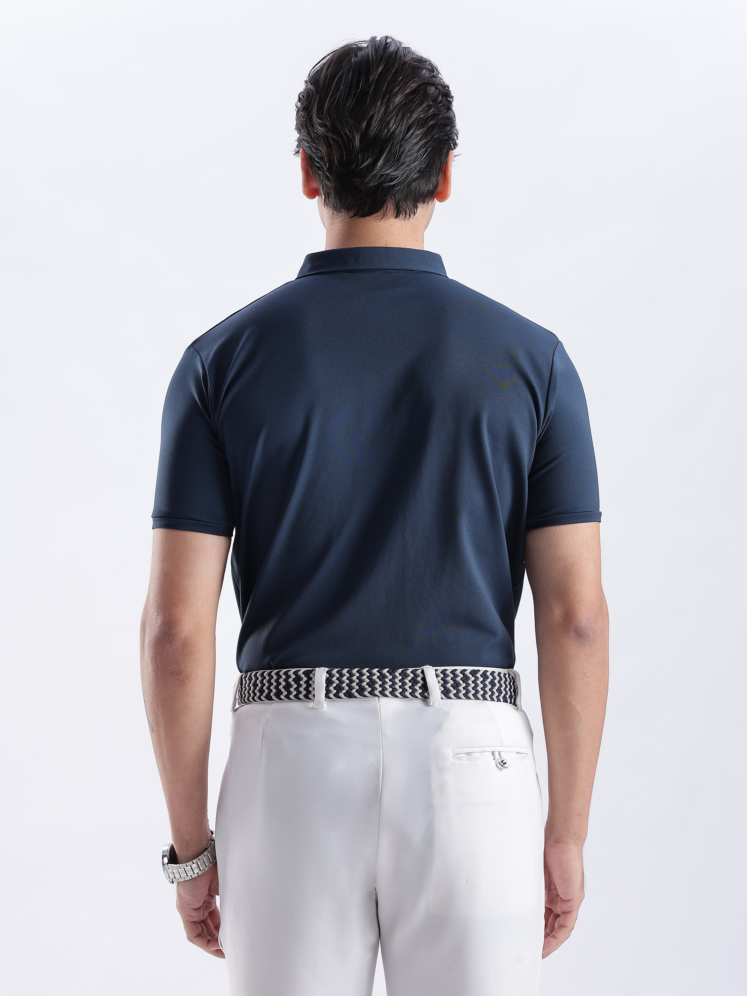 Golf Stretch Belt – Navy & White Chevron with Brown Leather Trim