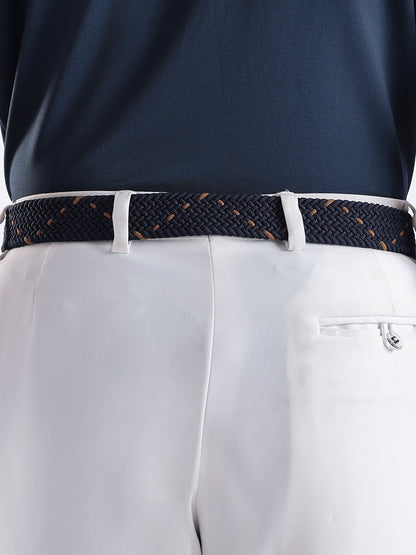 Golf Stretch Belt – Navy & Orange Dot with Black Leather Trim