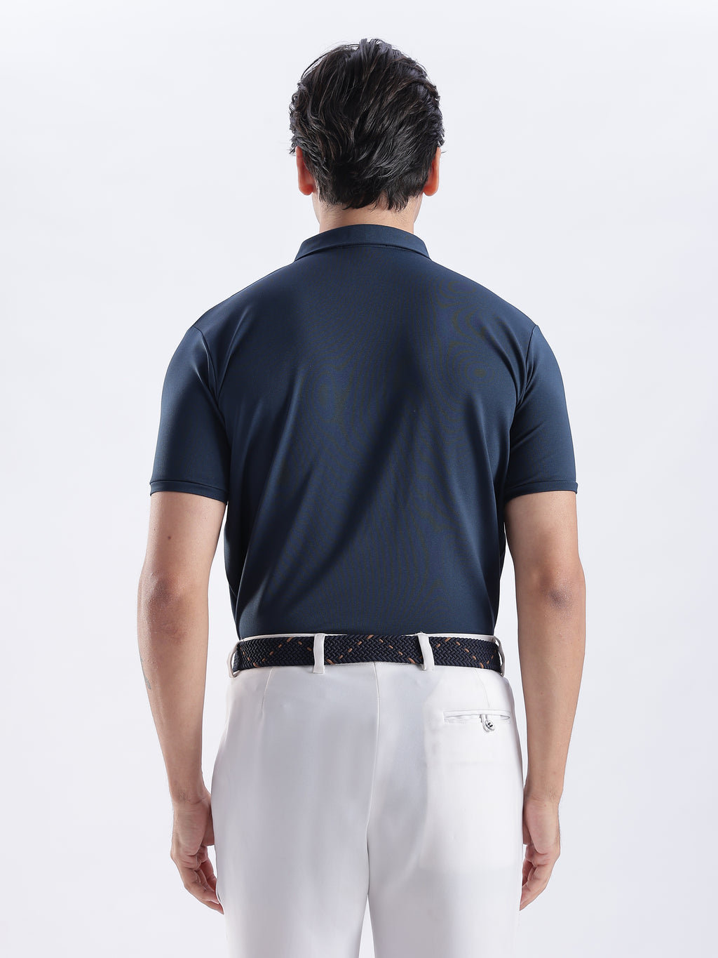 Golf Stretch Belt – Navy & Orange Dot with Black Leather Trim
