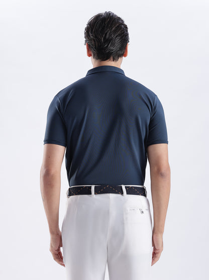 Golf Stretch Belt – Navy & Orange Dot with Black Leather Trim