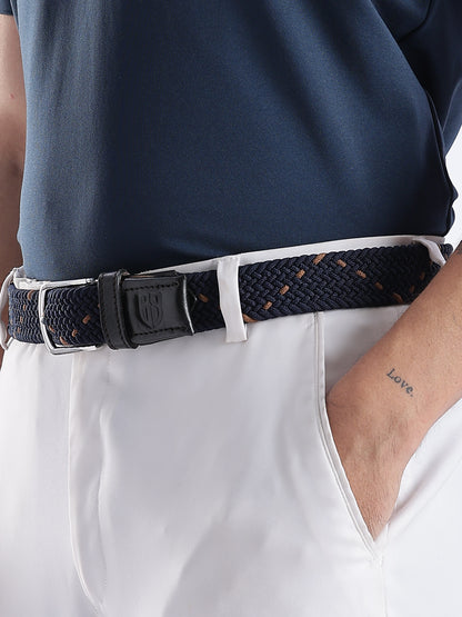 Golf Stretch Belt – Navy & Orange Dot with Black Leather Trim