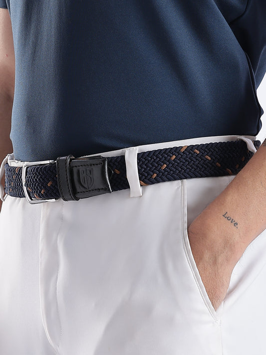 Golf Stretch Belt – Navy & Orange Dot with Black Leather Trim