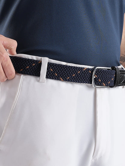 Golf Stretch Belt – Navy & Orange Dot with Black Leather Trim