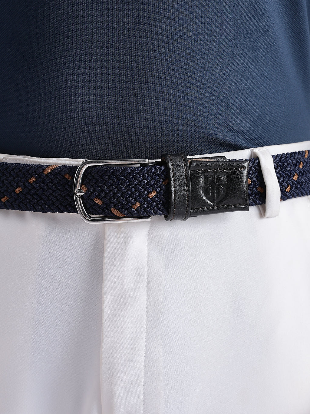 Golf Stretch Belt – Navy & Orange Dot with Black Leather Trim