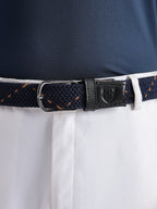 Golf Stretch Belt – Navy & Orange Dot with Black Leather Trim