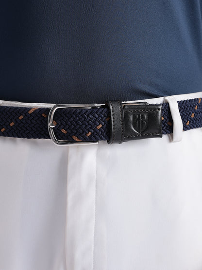 Golf Stretch Belt – Navy & Orange Dot with Black Leather Trim