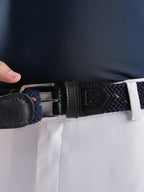 Golf Stretch Belt – Navy & Orange Dot with Black Leather Trim