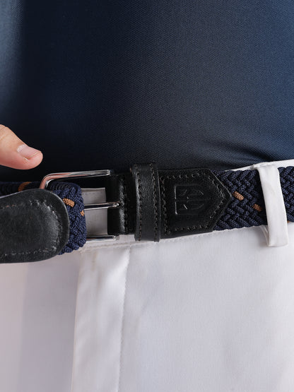 Golf Stretch Belt – Navy & Orange Dot with Black Leather Trim