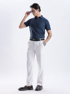 Golf Stretch Belt – Navy & Orange Dot with Black Leather Trim