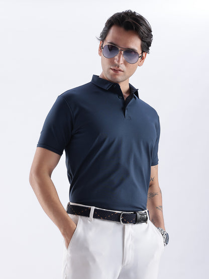 Golf Stretch Belt – Navy & Orange Dot with Black Leather Trim