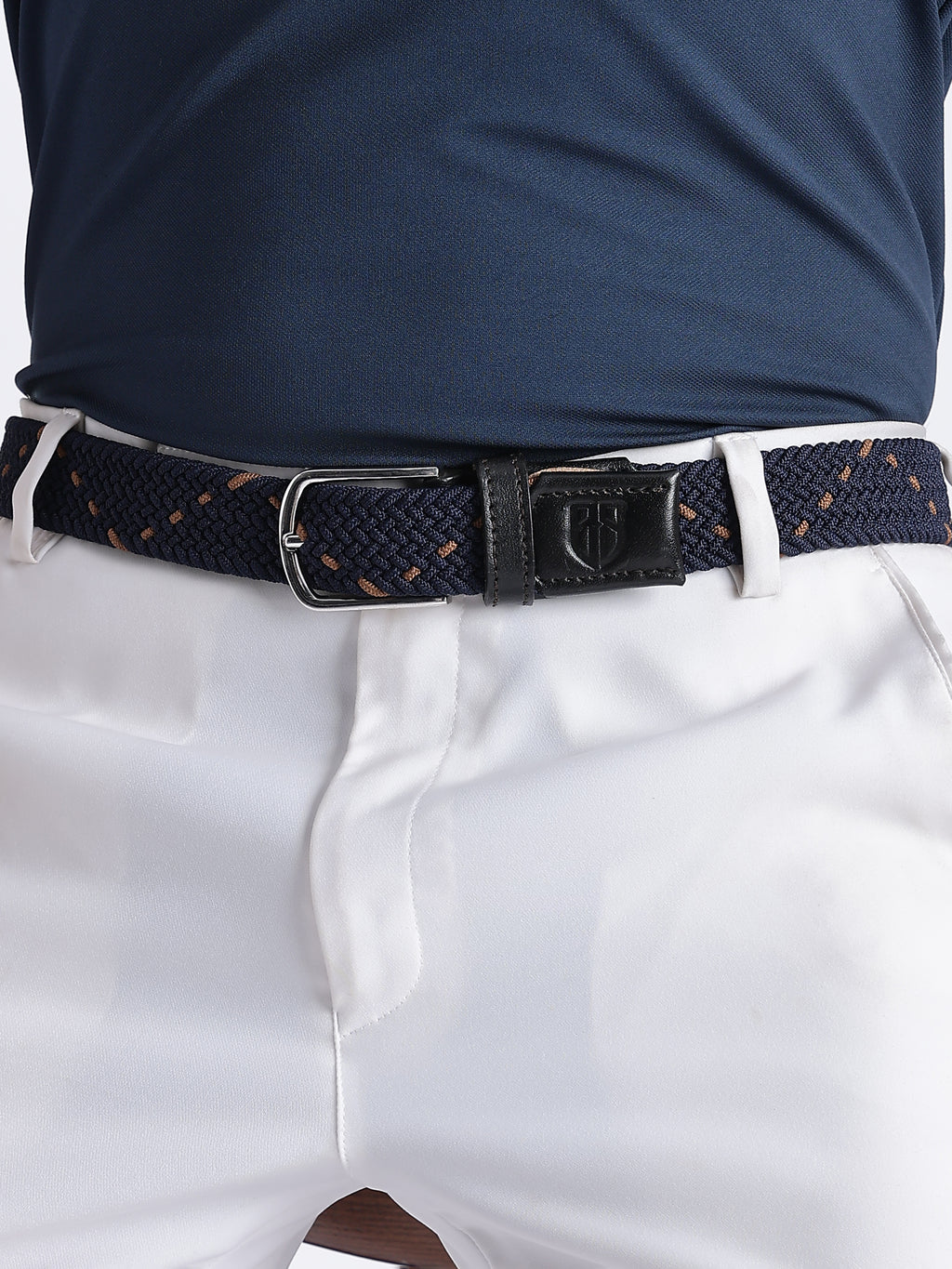 Golf Stretch Belt – Navy & Orange Dot with Black Leather Trim