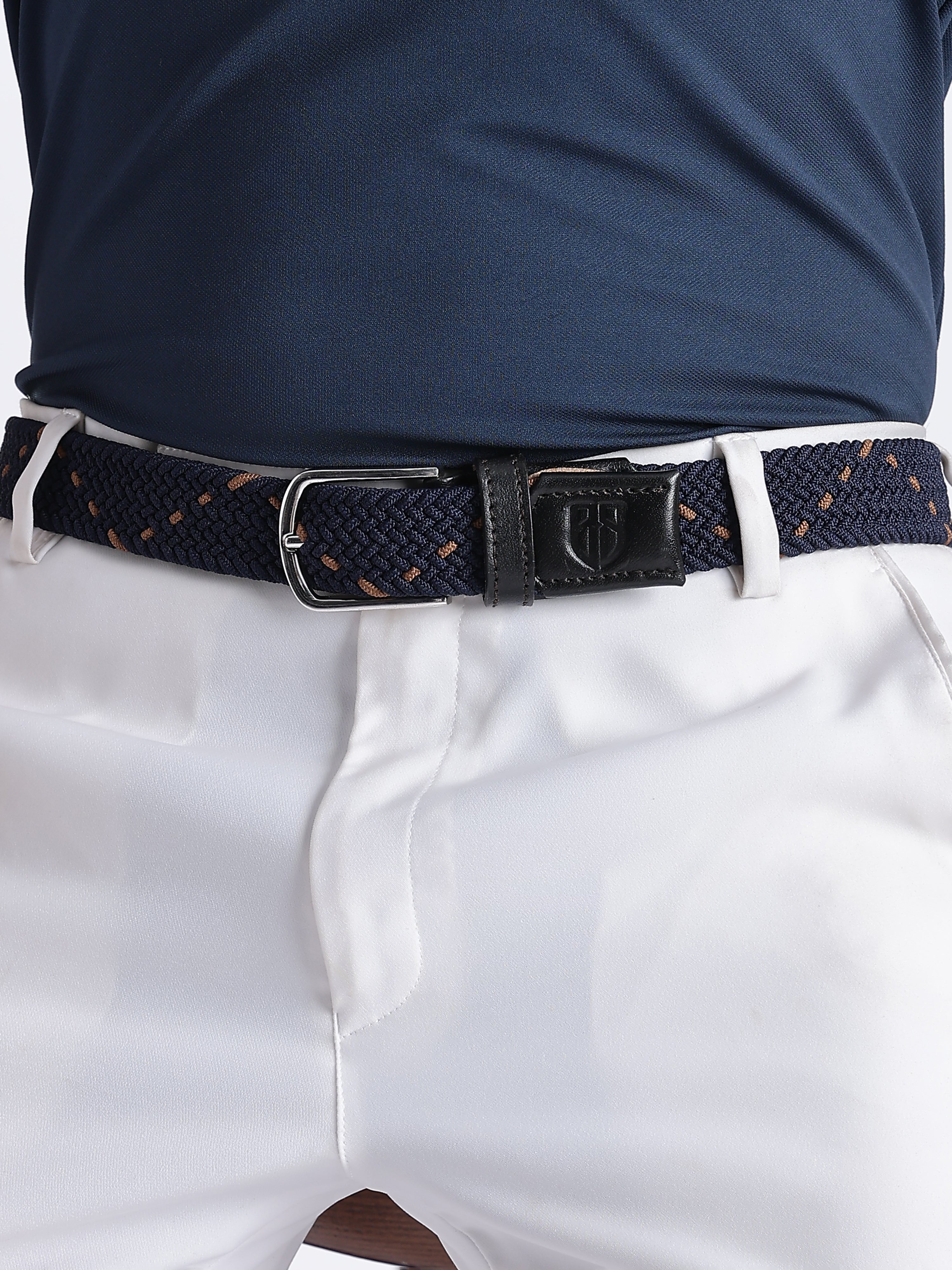 Golf Stretch Belt – Navy & Orange Dot with Black Leather Trim