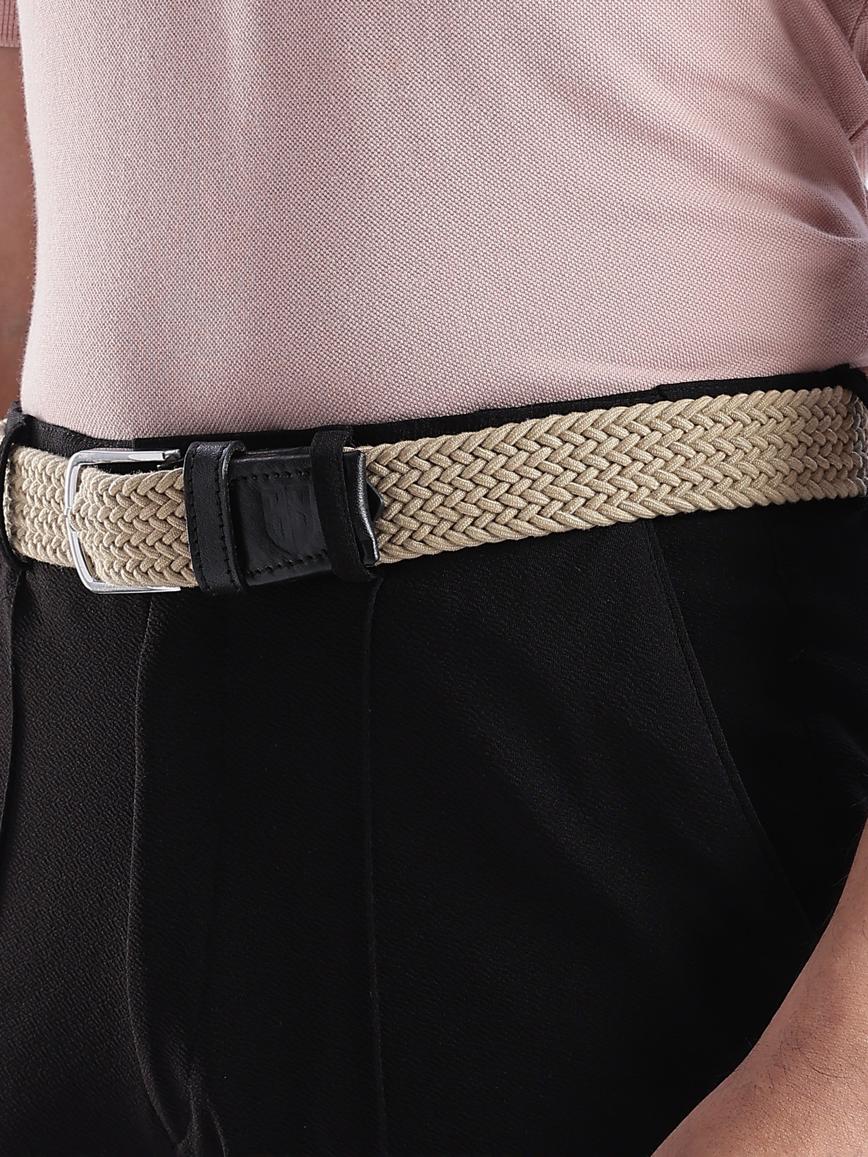 Golf Stretch Belt – Classic Beige with Black Leather Trim