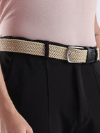 Golf Stretch Belt – Classic Beige with Black Leather Trim