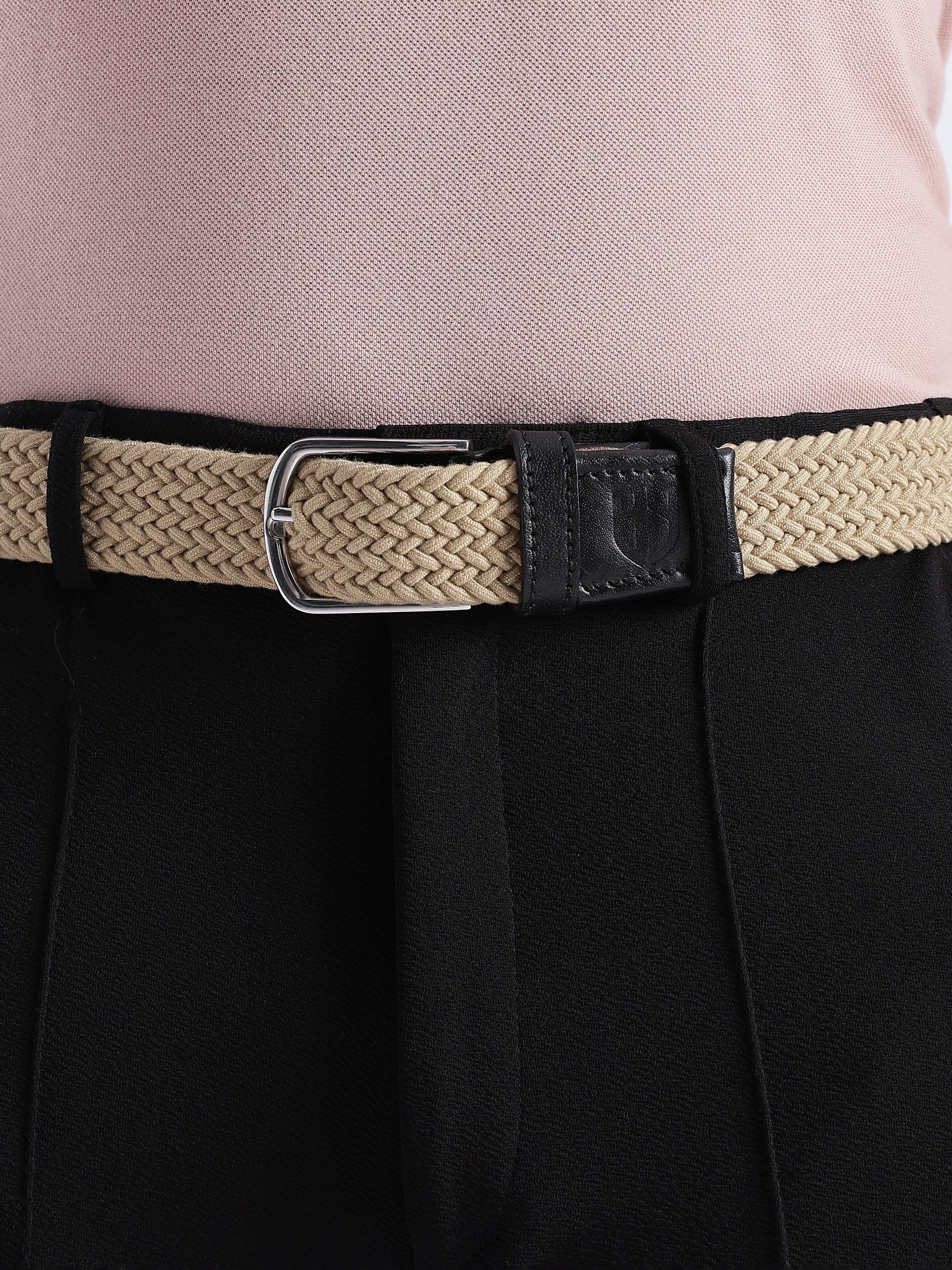 Golf Stretch Belt – Classic Beige with Black Leather Trim