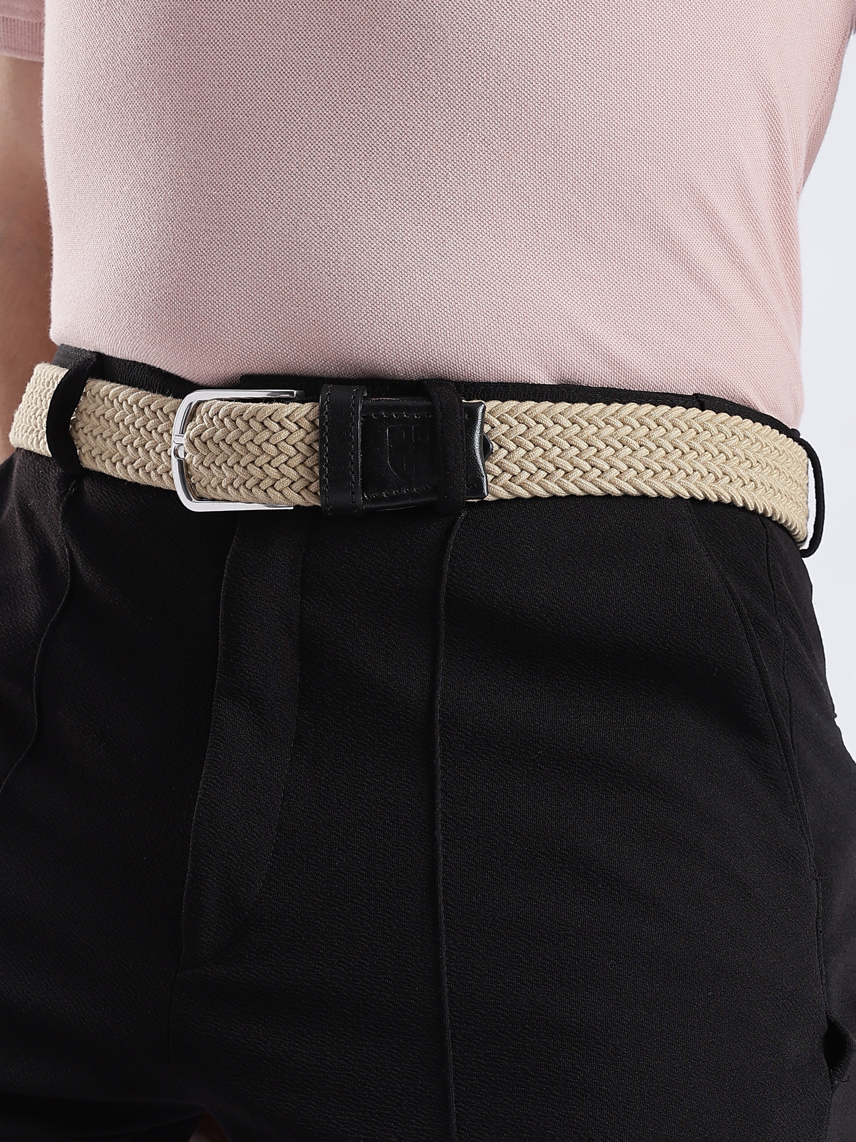 Golf Stretch Belt – Classic Beige with Black Leather Trim