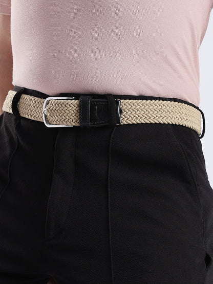 Golf Stretch Belt – Classic Beige with Black Leather Trim