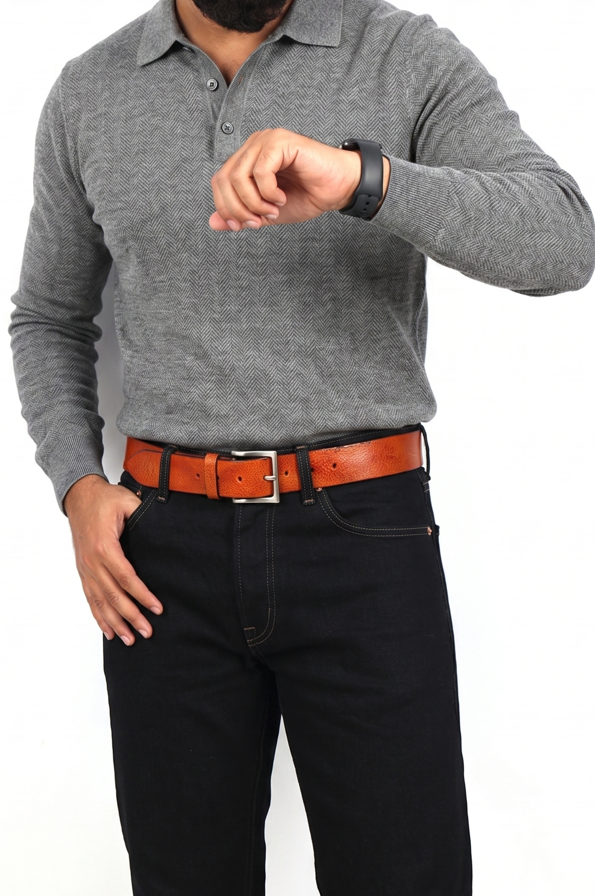Tan Hand-Painted Leather Belt - Hammered with Silver Buckle