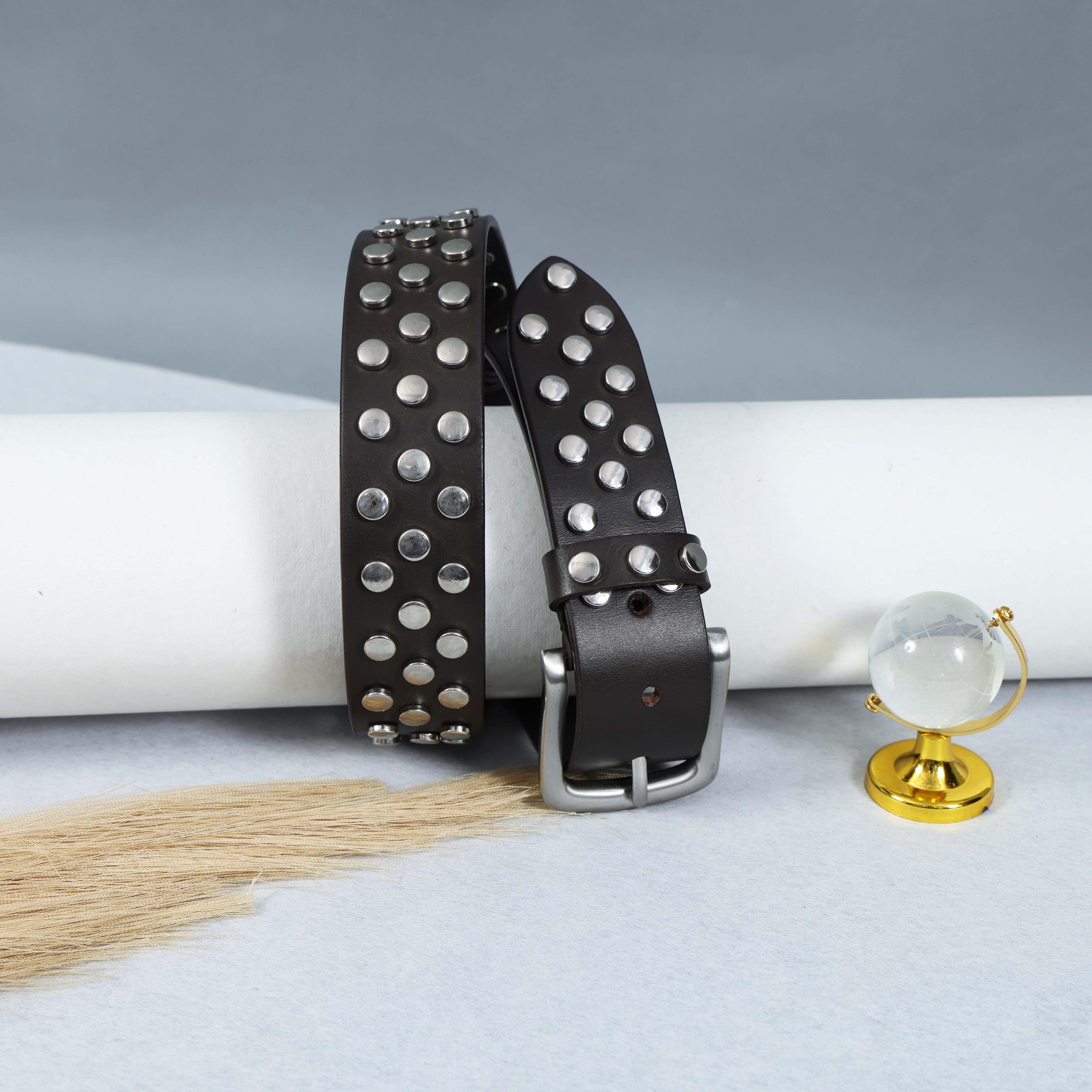 Studded Brown Leather Belt with Silver Buckle