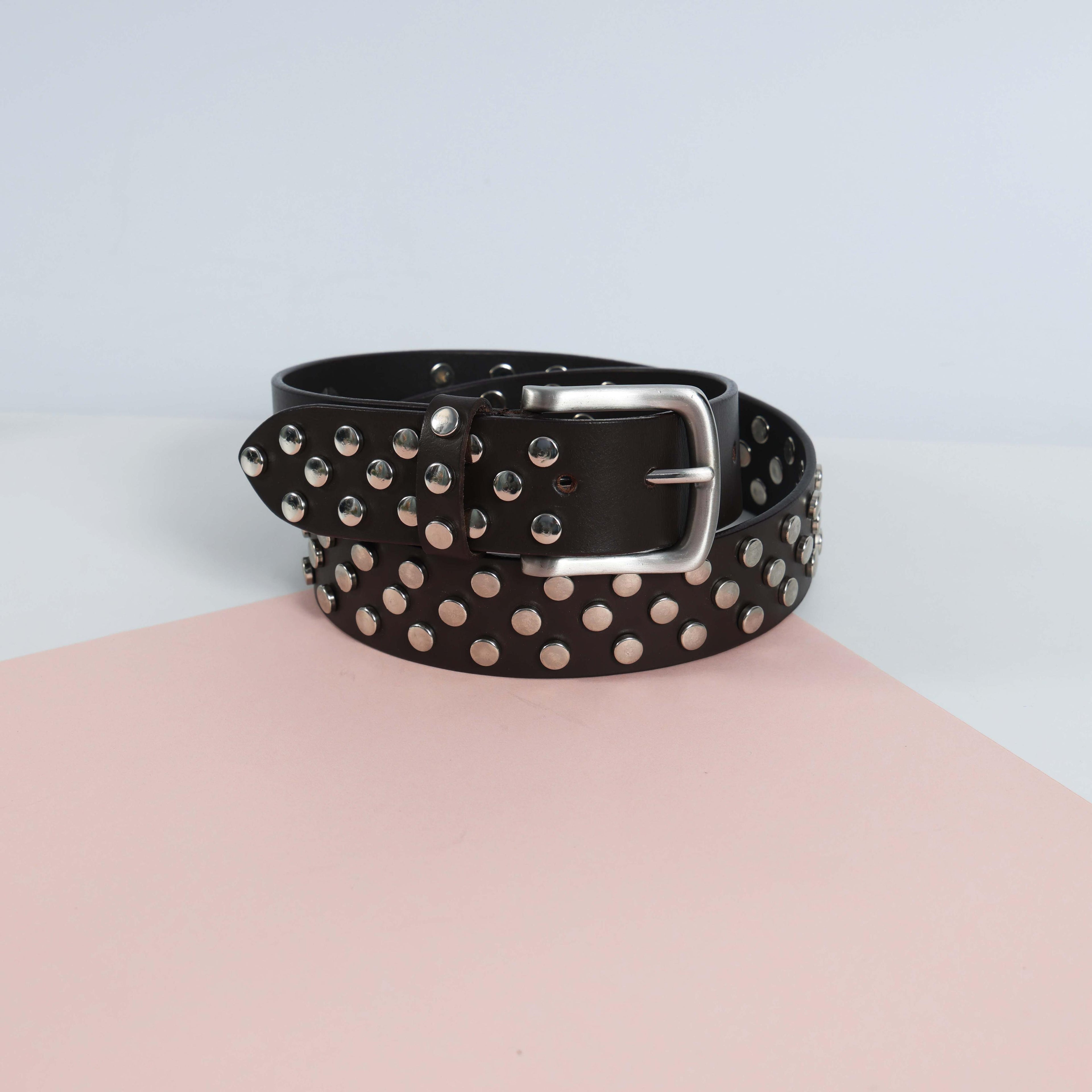 Studded Brown Leather Belt with Silver Buckle