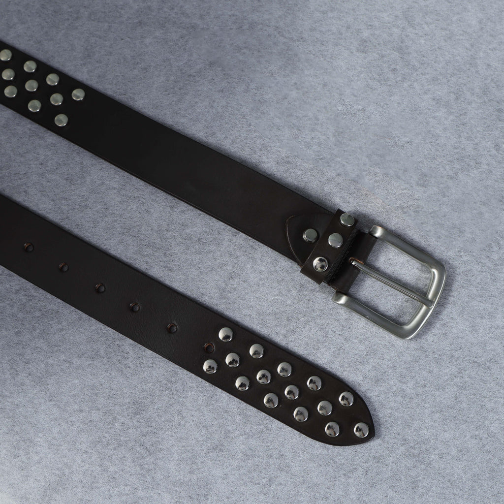Studded Brown Leather Belt with Silver Buckle