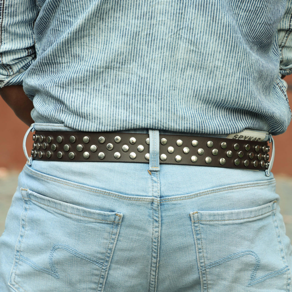 Studded Brown Leather Belt with Silver Buckle