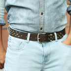 Studded Brown Leather Belt with Silver Buckle