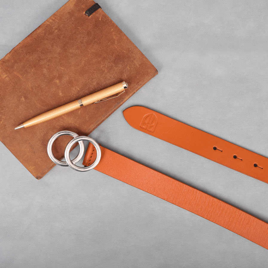 Tan Leather Belt for Women with Double Ring Silver Buckle