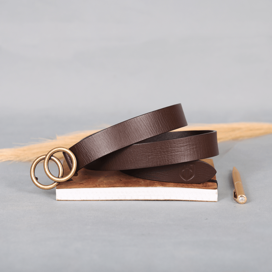 Brown Leather Belt for Women with Round Antique Buckle