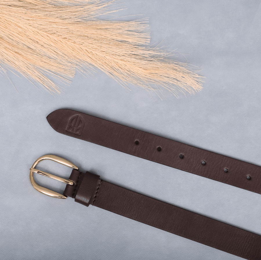 Brown Leather Belt for Women with Golden Buckle