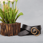 Black Leather Belt for Women with Round Antique Buckle