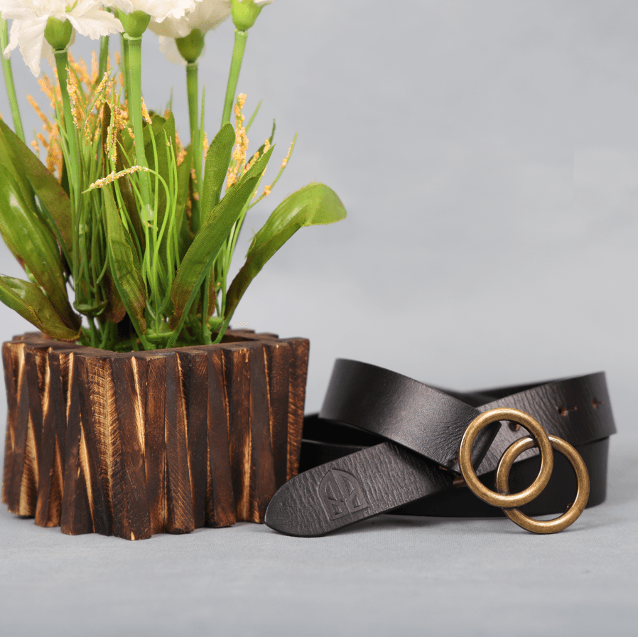 Black Leather Belt for Women with Round Antique Buckle