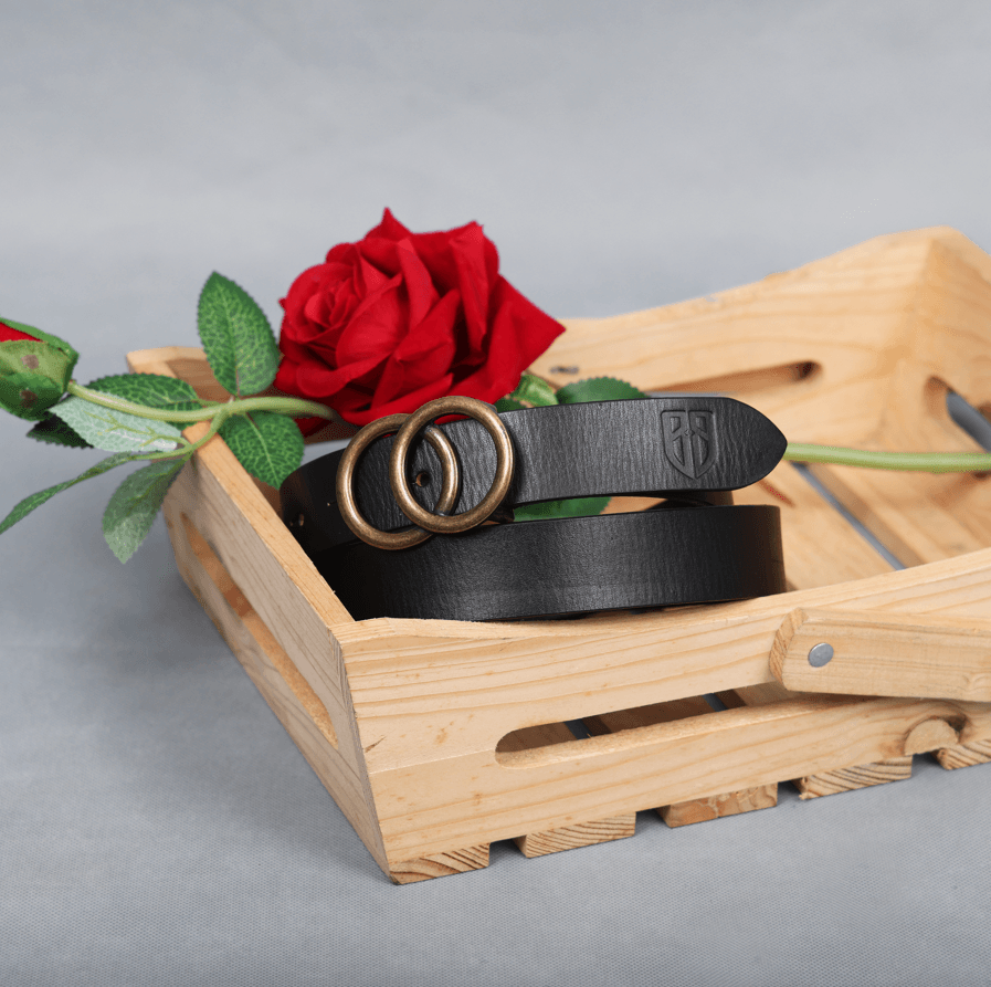 Black Leather Belt for Women with Round Antique Buckle