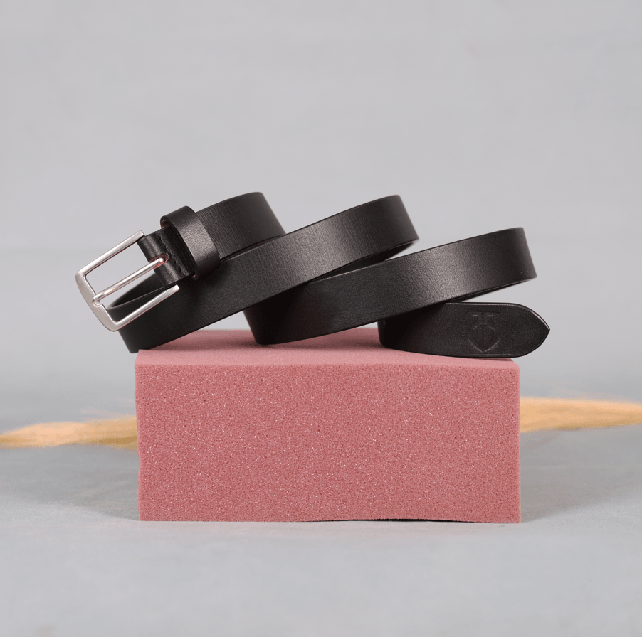Black Leather Belt for Women with Matte Silver Buckle