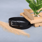 Black Leather Belt for Women with Matte Silver Buckle