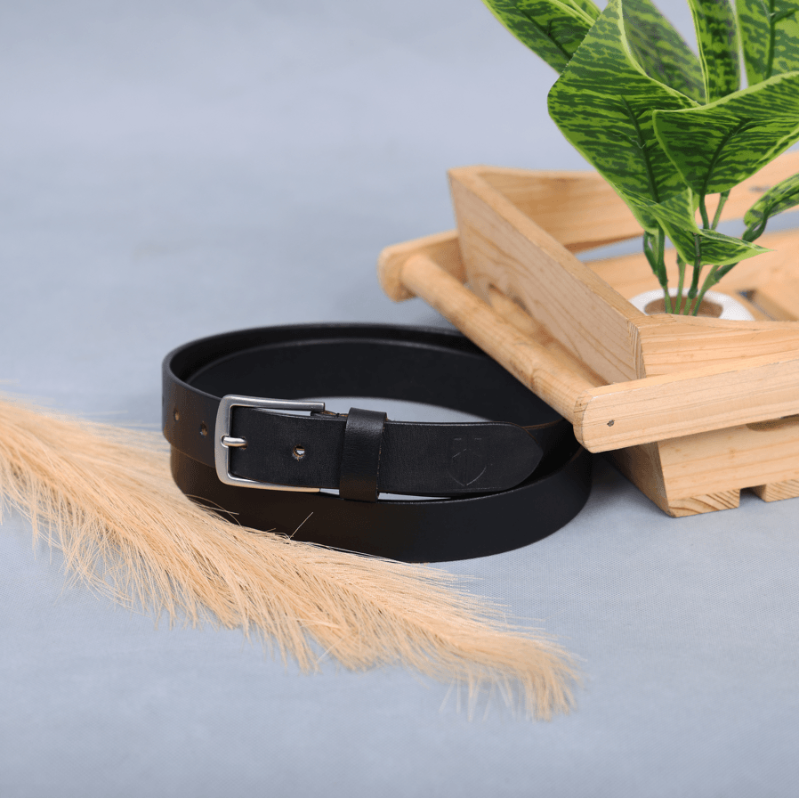 Black Leather Belt for Women with Matte Silver Buckle