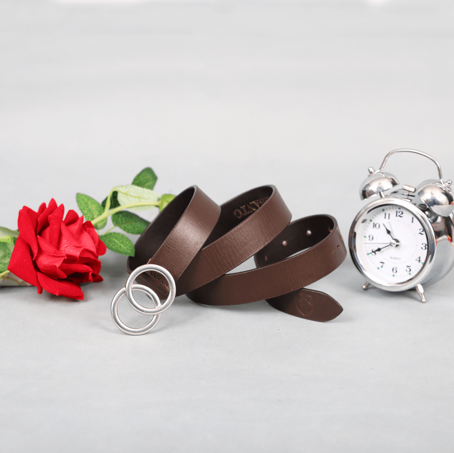 Brown Leather Belt for Women with Silver Round Buckle