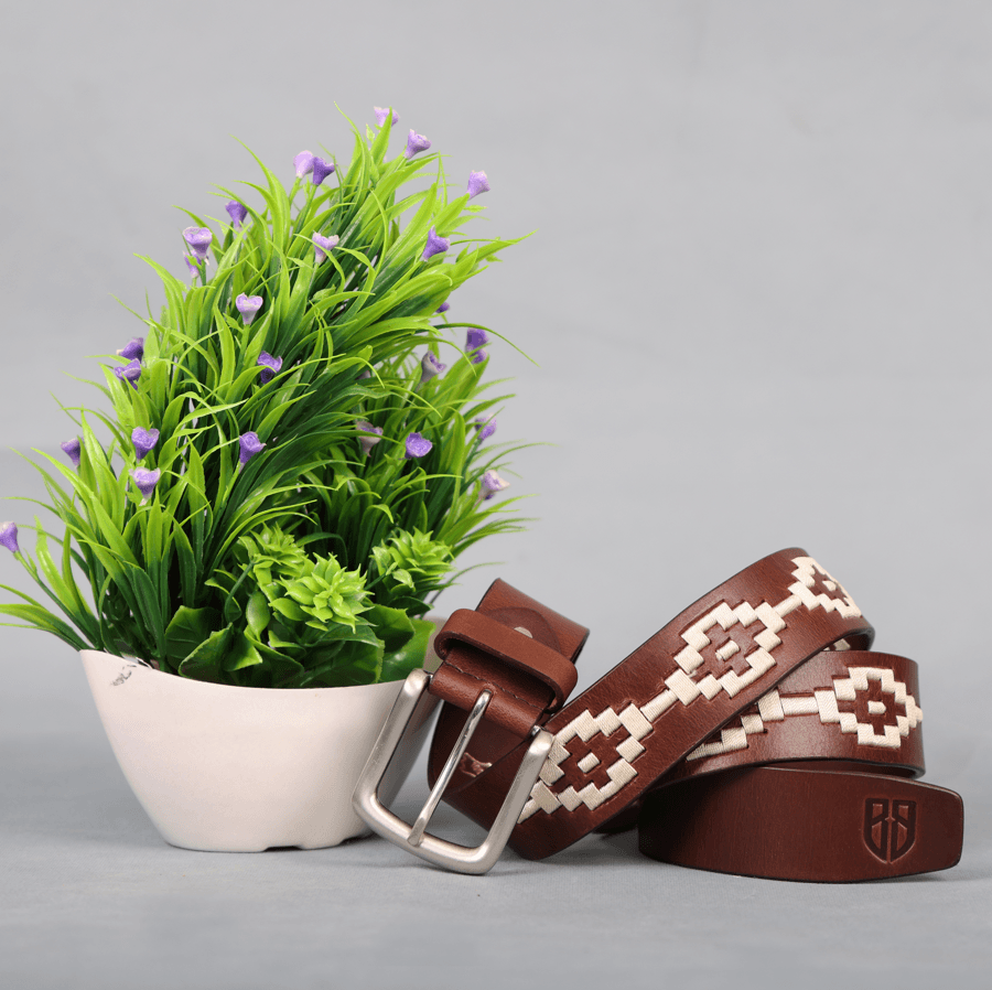 Brown Polo Leather Belt with Cream Stitching & Classic Silver Buckle