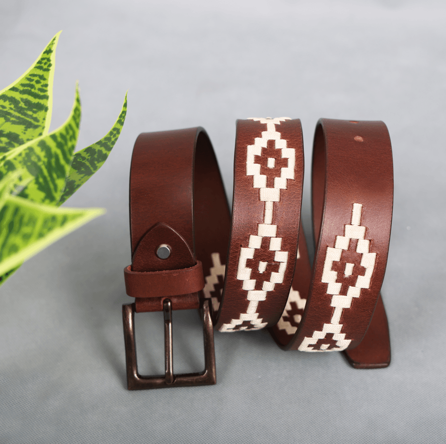Brown Polo Leather Belt with Cream Stitching & Classic Antique Buckle