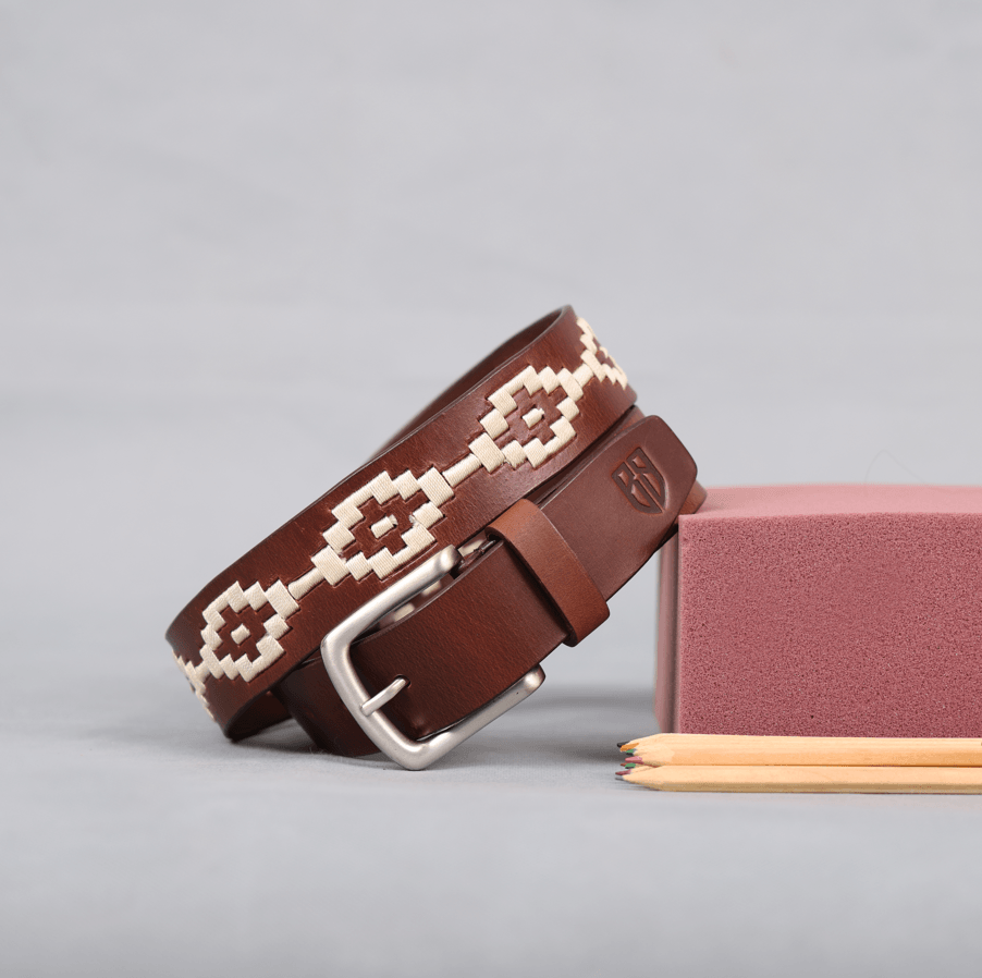 Brown Polo Leather Belt with Cream Stitching & Classic Silver Buckle