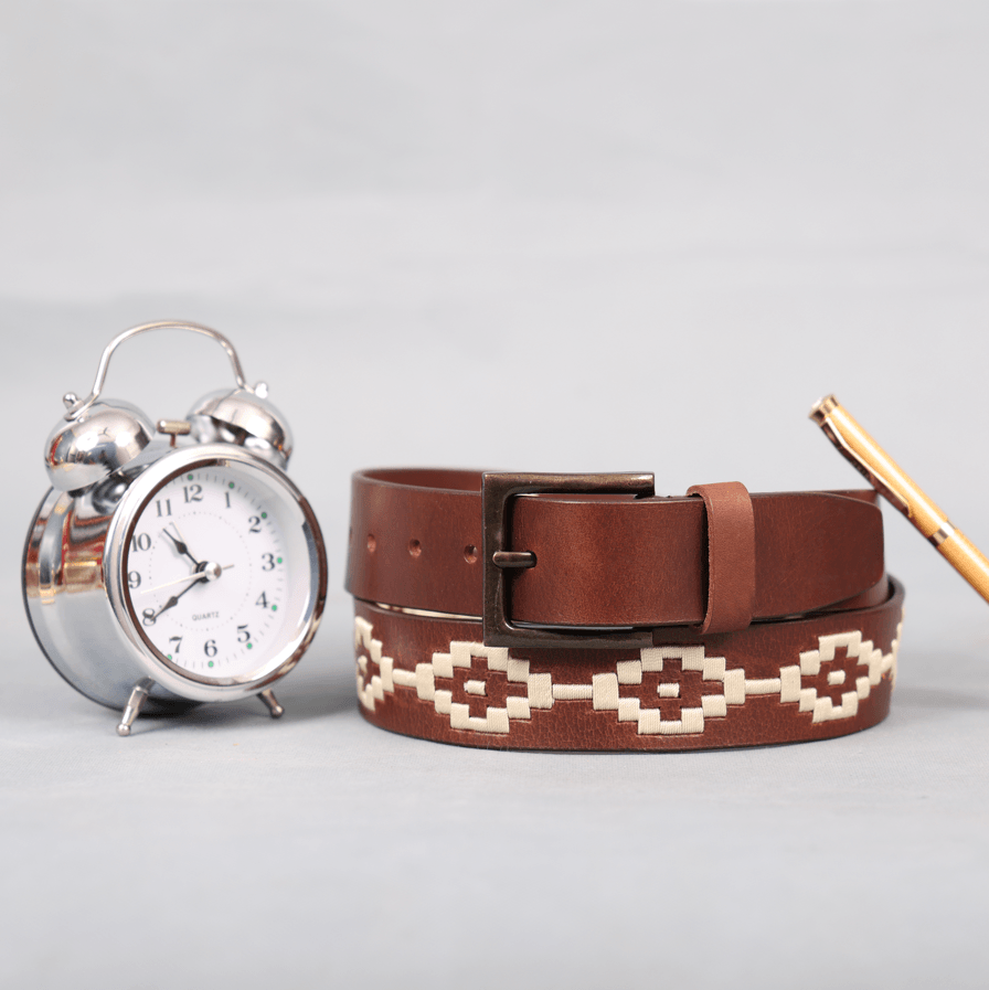 Brown Polo Leather Belt with Cream Stitching & Classic Antique Buckle